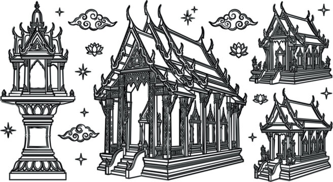 Thai traditional temple line art vector set with wat pavilion architecture spirit house shrine and celestial clouds collection