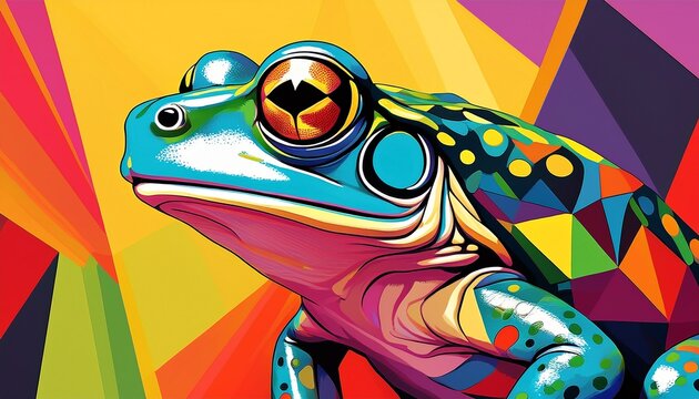 vibrant pop art frog artwork with geometric patterns