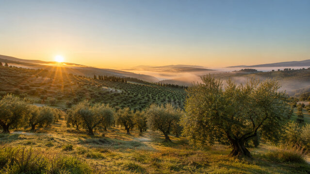  Paisaje de olivos al amanecer con niebla suave y luz dorada en el campo andaluz.