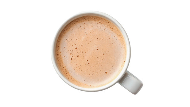White ceramic mug with handle filled with hot milk coffee latte isolated on transparent background cut out