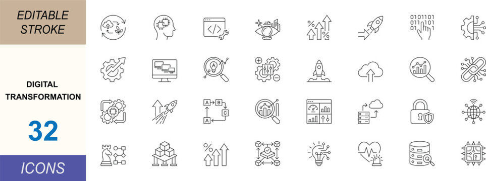 Digital transformation line icon set. Featuring automation, cloud, analytics and innovation concepts. Clean vector set for business technology and SaaS. Editable stroke.