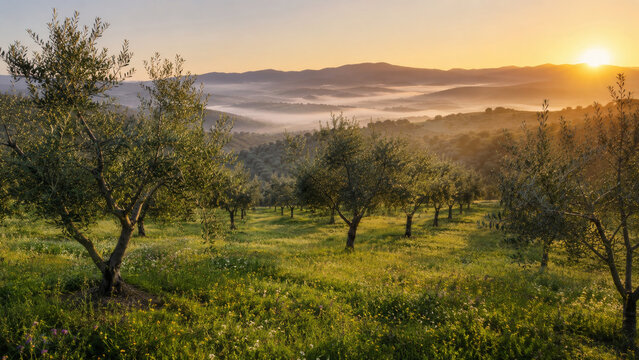  Paisaje de colinas cubiertas de olivos con niebla matinal y luz c&aacute;lida del amanecer.