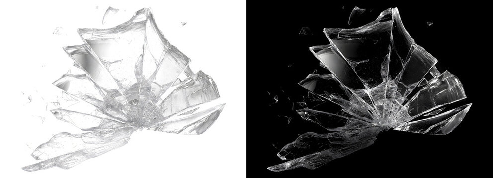 Explosive pattern of transparent shattered glass fragments isolated on transparent view