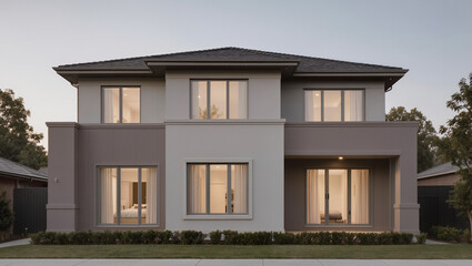 Fototapeta premium Modern Two-Story Family Home with Contemporary Architecture and Soft Lighting