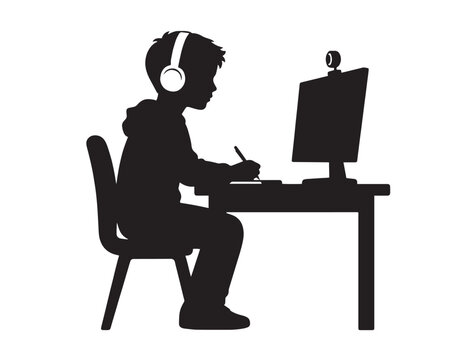 Young boy silhouette, focused student learning online, remote education, child with headphones at computer desk, black vector graphic for e-learning and digital schooling concepts.