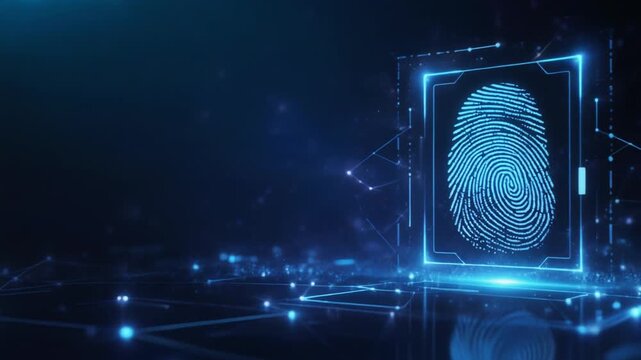 青い光を放つ近未来の指紋スキャンインターフェースとサイバーセキュリティ