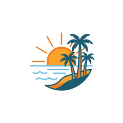 Obraz premium Tropical Island Paradise Sunset Vector Illustration with Palm Trees and Ocean Waves