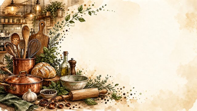 Rustic copper cookware and wooden utensils with bread and fresh herbs on a vintage kitchen counter ? warm, painterly still-life
