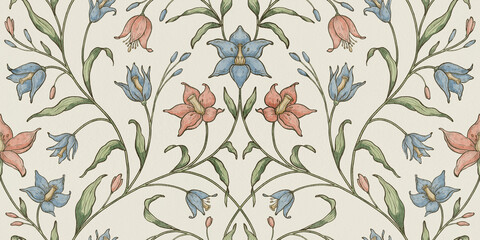 Fototapeta premium Floral seamless pattern with bell flowers and botanical stems on beige background. Watercolor repeat design with ornamental botanical details. Decorative wallpaper, textile print and surface design.