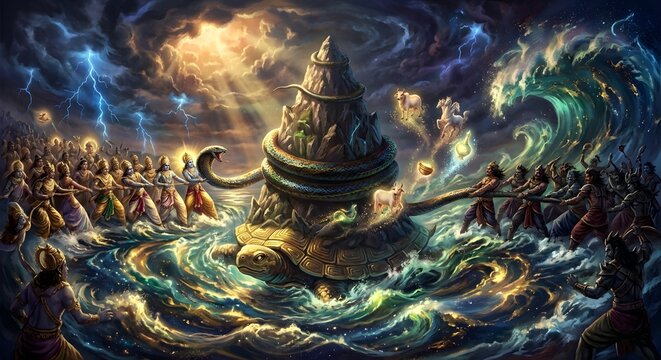 Samudra Manthan Hindu Mythology Churning Ocean Milk Digital Painting Illustration