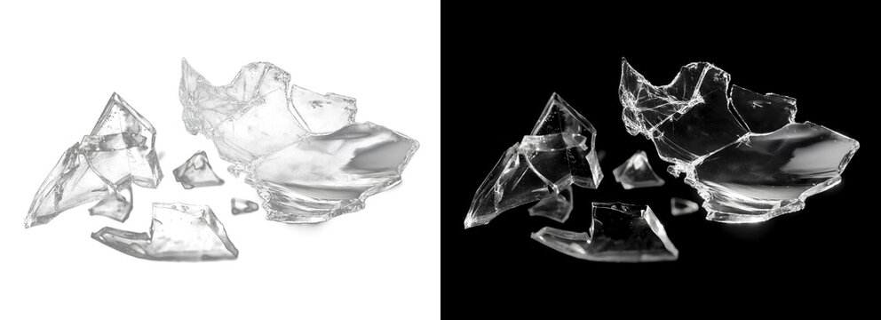 Cluster of sharp shattered glass shards isolated on transparent background for art
