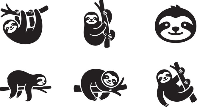 Six cute sloth vector icons in playful black and white styles Vector