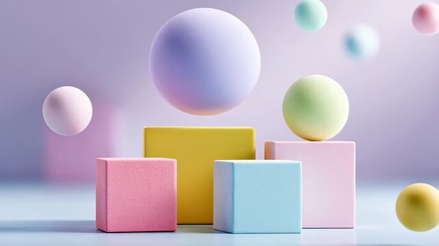 ?Floating pastel spheres and cubes animation in a soft pastel setting