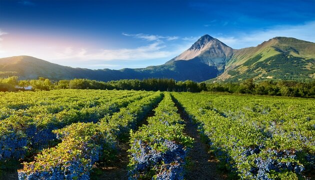 Blue Berry Field With Mountain In Background