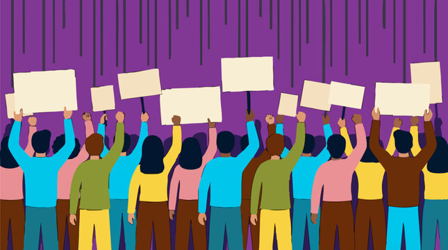 Diverse group of people protesting with blank signs and raised fists