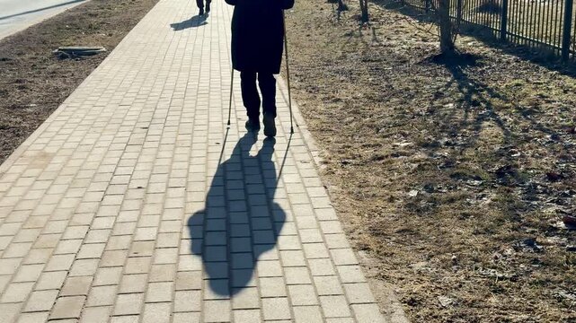 Woman Nordic walking shaded park path, brisk stride with poles and long shadow cast on paving, lea strewn verge, cool crisp light