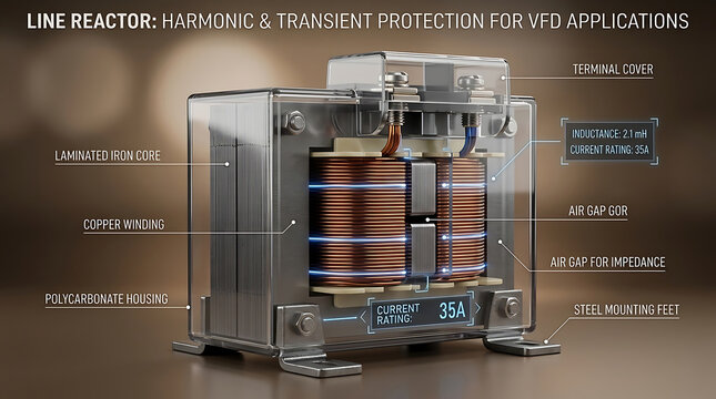 Premium 3D Line Reactor Cutaway Scientific Visualization Harmonic Transient VFD Protection