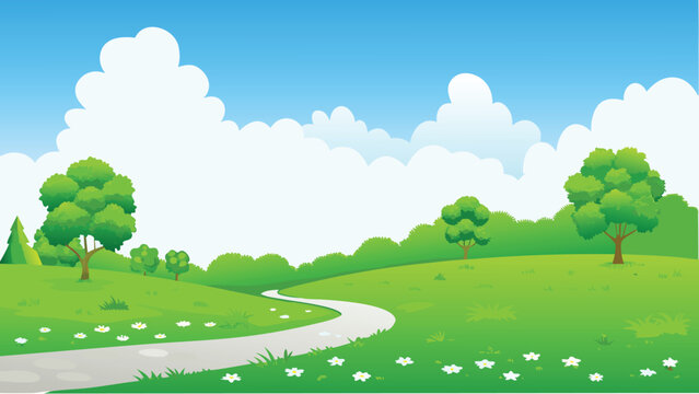 Green rolling hills landscape with white clouds vector illustration