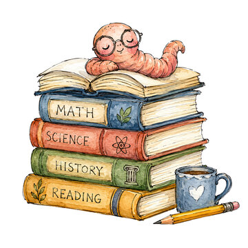 Cute bookworm on stack of educational books with coffee and pencil