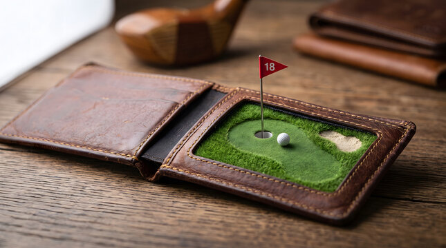 Miniature golf putting green in open leather wallet on wooden table top view