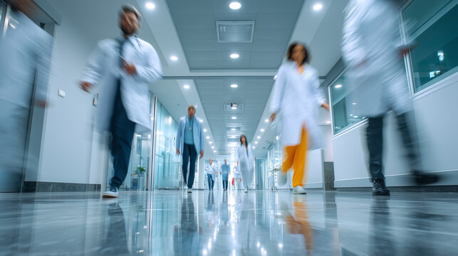 Busy hospital corridor with medical staff walking in motion blur. Healthcare professionals in a modern clinic, emergency care, teamwork, fast-paced medical environment and patient care.
