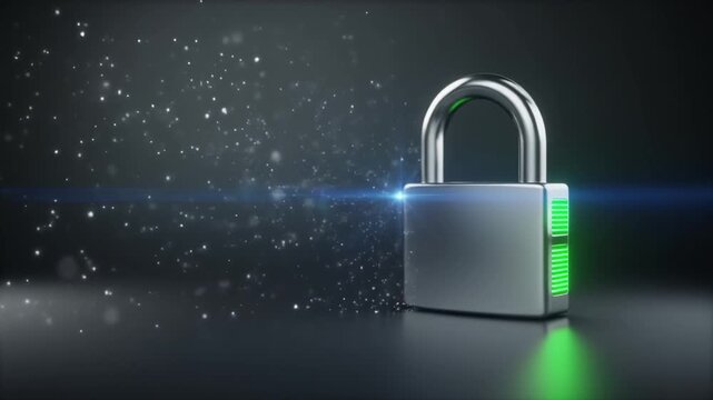 光る緑色のインジケーターランプが付いた洗練された金属製の南京錠のセキュリティイメージ