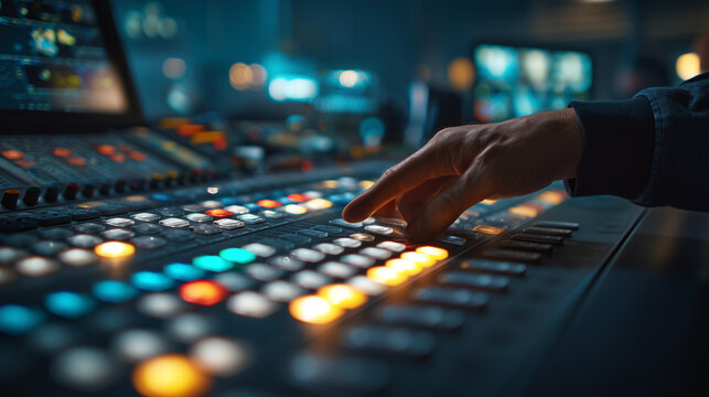 Close-up of hand operating professional video production switcher in television broadcast control room. Live streaming, media production, broadcasting and audiovisual technology concept.