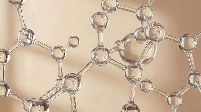 Abstract glass molecular structures on beige background.
