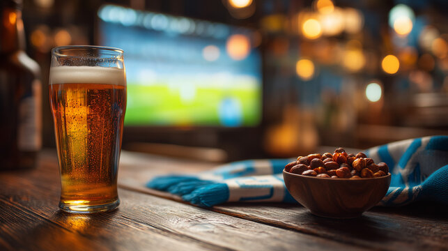 Glass of cold beer with roasted nuts on a wooden table while watching a live sports match on television. Cozy pub atmosphere, football viewing, leisure and entertainment concept.
