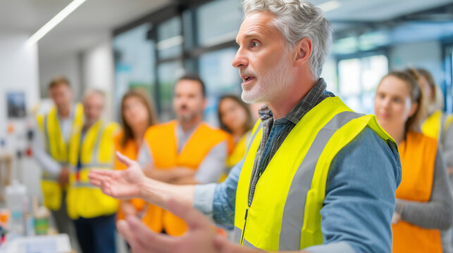 Experienced supervisor conducting workplace safety training for industrial employees wearing reflective safety vests. Occupational health, teamwork, compliance and professional development concept.