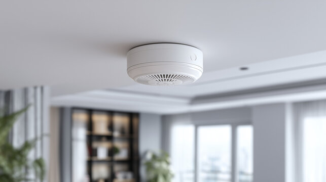 Modern smoke detector installed on residential ceiling for fire protection. Home safety device providing early warning of smoke and fire, helping protect family, property and occupants.
