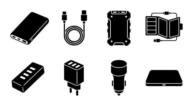 Portable Power Bank Icons, USB Charger Set, Solar Charger, Car Adapter, Vector Graphics for Tech Gadgets and Electronics