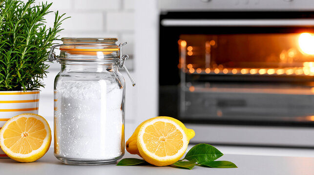 Half a fresh lemon, a jar of baking soda next to an open oven in a modern kitchen, a natural way to clean the oven, and eco-friendly cleaning.