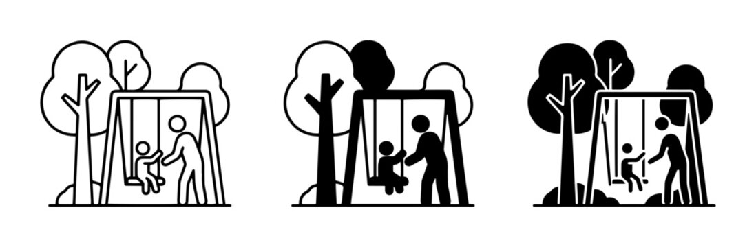 Playground Swing Set Icons: Parent Pushing Child, Outdoor Recreation, Childhood Fun, Family Time, Simple Line Art
