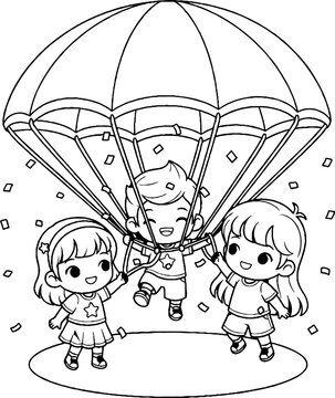 Three children happily parachuting together in cartoon illustration.