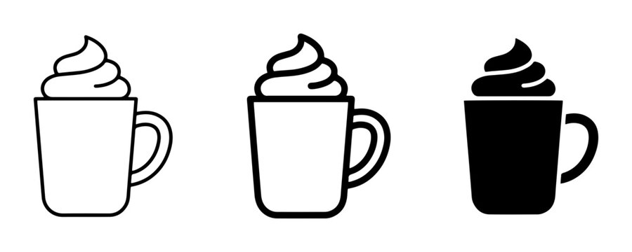 Hot Beverage Icons: Whipped Cream Coffee Mug, Cocoa Cup, and Hot Chocolate Drink Set