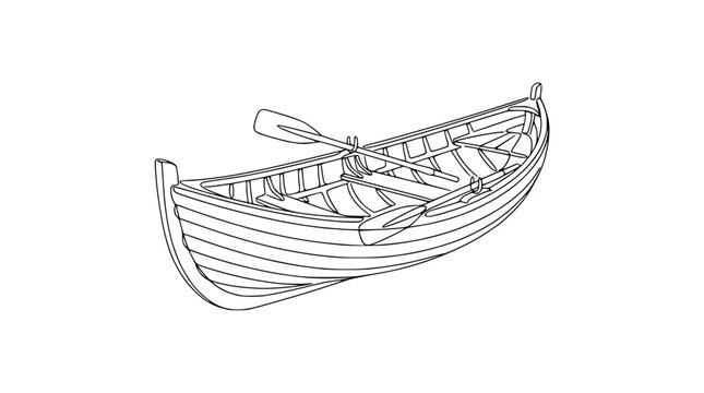 Rowboat Outline Drawing, Wooden Boat with Oars, Nautical Vessel Illustration