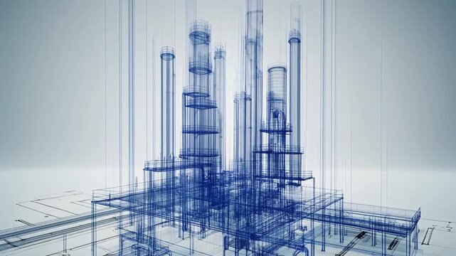 分離して垂直に広がる重機工場の透明な技術回路図レイヤーのデジタルイメージ