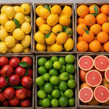 Caisses de fruits color&eacute;s avec agrumes frais en vue du dessus