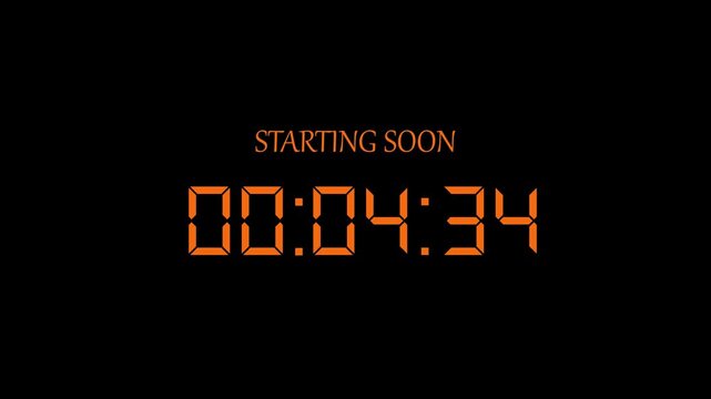 A beautiful new orange digital countdown 05 minute to 0 second with text starting soon icon animation.Abstract five minute to zero second digital countdown icon animation.