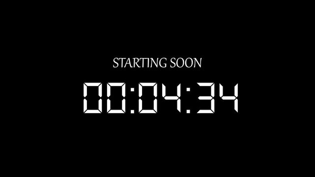 A beautiful new white digital countdown 05 minute to 0 second with text starting soon icon animation.Abstract five minute to zero second digital countdown icon animation.