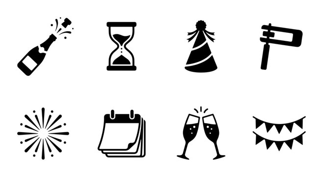 Celebration Icons: Champagne, Party Hat, Calendar, Fireworks, Hourglass, Gragger, Bunting, Vector Set