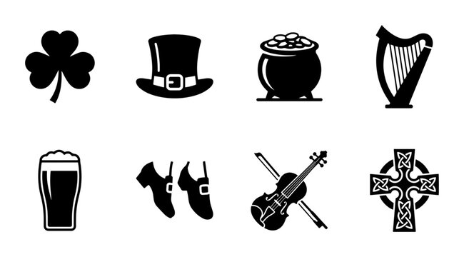 Saint Patrick's Day Icons Set: Shamrock, Top Hat, Pot of Gold, Harp, Beer, Shoes, Violin, Celtic Cross Vector Graphics
