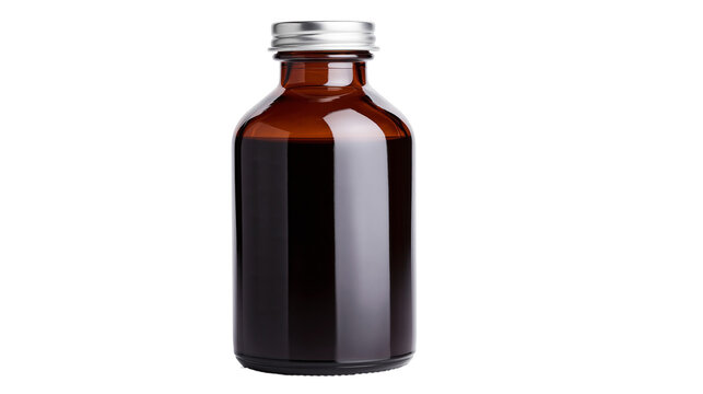 Amber glass bottle with dark liquid and silver cap