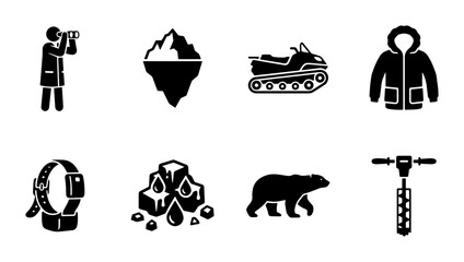 Arctic Exploration Icons: Polar Bear, Snowmobile, Iceberg, Parka, Scientist, GPS Collar, Ice Cubes, Ice Drill © Nahid