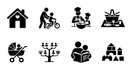 Obraz premium Family Lifestyle Icons: Home, Parenting, Cooking, Picnic, Baby, Genealogy, Education, Playtime