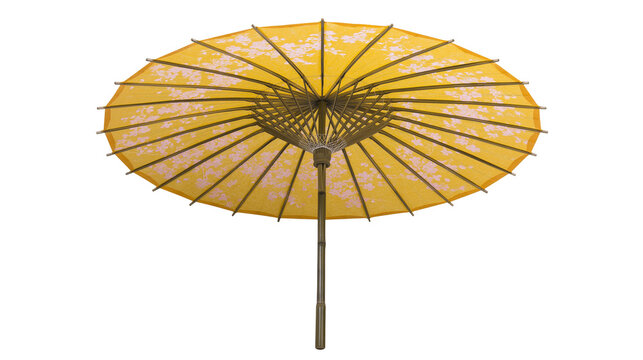 Yellow paper umbrella with pink floral pattern and wooden handle