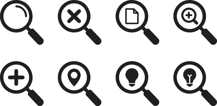Set of eight flat design icons with magnifying glasses showing different symbols Vector
