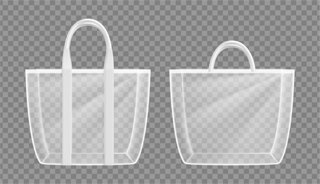 Transparent trapezoid bag mockups with realistic and clean design. Vector isolated carriers with visible interiors. Branding and packaging. Retail, fashion presentation and merchandise display