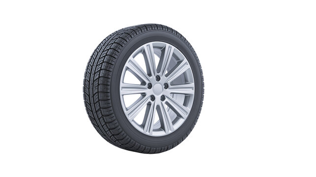 Car wheel with silver alloy rim and black tire tread